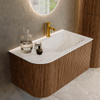 MONDIAZ KURVE-DLUX 85cm Meuble salle de bain avec module 25 G - couleur Walnut - 1 tiroir - 1 porte - vasque CLOUD droite - 1 trou de robinet - couleur Ostra SW1137808