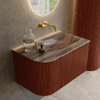 MONDIAZ KURVE-DLUX Meuble de salle de bains 75cm arrondi gauche couleur Ruby avec 1 tiroir et 1 porte. Lavabo GRUNNE droit sans trou de robinetterie Sombra. SW1433916