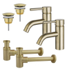 FugaFlow Eccelente Sobrado Kit robinet lavabo - pour double vasque - robinet bas - bonde non-obturable - siphon design bas - Laiton brossé PVD SW1124233