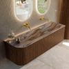 MONDIAZ KURVE-DLUX Meuble de salle de bains 145cm arrondi à gauche couleur Walnut avec 1 tiroir et 1 porte. Lavabo LEAF Double / à droite sans trou de robinet Sombra. SW1433688