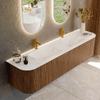 MONDIAZ KURVE-DLUX 180cm Meuble salle de bain avec module 25 G et D - couleur Walnut - 2 tiroirs - 2 portes - vasque LEAF double - 2 trous de robinet - couleur Ostra SW1137903