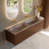 MONDIAZ KURVE-DLUX meuble de salle de bains 165cm arrondi à droite couleur Walnut avec 2 tiroirs et 1 porte. Lavabo STOR SMALL double / gauche sans trou de robinet Oza. SW1432486
