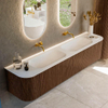 MONDIAZ KURVE 200cm Meuble salle de bain avec module 25 G et D - couleur Walnut - 2 tiroirs - 2 portes - vasque BIG SMALL double - sans trous de robinet - Talc SW1138373