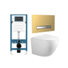 FugaFlow Eccelente Press Toiletset - 48.5x36x32cm - diepspoel - spoelrandloos - inbouwreservoir - softclose - quickrelease - toiletzitting - geborsteld messing metalen bedieningsplaat - wit SW1474793