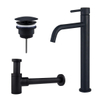 FortiFura Calvi Slim Kit mitigeur lavabo - robinet rehaussé - bonde non-obturable - siphon design bas - Noir mat SW891932