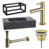 Fortifura Fuente Pack Lave-mains - 40x22x24.5cm - 1 trou de robinet - pierre naturelle - cadre noir - robinet Laiton brossé - Noir SW1111560