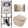 QeramiQ Dely Pack WC - 36,3x51,7cm - à fond creux - sans bride - réservoir encastré Geberit UP320 - abattant WC à fermeture douce - plaque de déclenchement en laiton brossé - boutons ronds - beige mat SW1242409