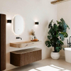 MONDIAZ THOR-DLUX 120cm badmeubel ronding links + rechts kleur Walnut met 1 lade en 2 deuren. Vrijhangende wastafel CLOUD Links zonder kraangat kleur Arena. SW1463409