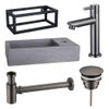 FugaFlow Eccelente Pietra ensemble de lavabo - 40x22x23,5cm - 1 trou de robinet - cadre noir - robinet de lavabo gunmetal - béton SW1469194