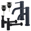 FortiFura Calvi Kit robinet lavabo - pour double vasque - robinet bas - bonde clic clac - siphon design - Noir mat SW915326