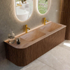MONDIAZ KURVE-DLUX Meuble de salle de bains 145cm arrondi à gauche couleur Walnut avec 1 tiroir et 1 porte. Lavabo LEAF Double / Droite 2 trous de robinet Saba. SW1433212