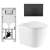 QeramiQ Dely Pack WC cuvette sans bride 36.3x51.7cm avec bâti-support Geberit UP320 abattant WC blanc mat frein de chute et plaque de commande Noir mat boutons Ronds SW804601