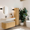MONDIAZ THOR-DLUX 110cm badmeubel ronding links + rechts kleur Oak met 1 lade en 2 deuren. Vrijhangende wastafel CLOUD Links 1 kraangat kleur Meli. SW1462896