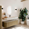 MONDIAZ THOR-DLUX 150cm meuble de salle de bains arrondi gauche + droite couleur Dusk avec 1 tiroir et 2 portes. Vasque suspendue CLOUD Milieu 1 trou de robinet couleur Frappe. SW1464490