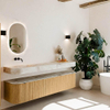 MONDIAZ THOR-DLUX 200cm meuble de salle de bains arrondi gauche + droite couleur Oak avec 2 tiroirs et 2 portes. Vasque suspendue CLOUD Gauche sans trou de robinet couleur Frappe. SW1466938