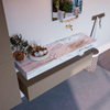 Mondiaz ALAN-DLUX Ensemble de meuble - 150cm - meuble Smoke mat - 1 tiroir - Lavabo Cloud Glace suspendu - vasque Droite - 0 trous de robinet SW805701