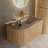MONDIAZ KURVE-DLUX 75cm badmeubel ronding Links kleur Oak met 1 lade en 1 deur. Wastafel GRUNNE Rechts 1 kraangat Oza. SW1432610