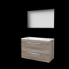 Basic-Line ensemble de meubles de salle de bain 100x46cm avec poignées 2 tiroirs vasque acrylique 1 trou de robinetterie miroir cadre aluminium noir mat tout autour mfc scotch oak SW639209