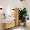 MONDIAZ THOR 110cm badmeubel ronding links + rechts kleur Oak met 1 lade en 2 deuren. Vrijhangende wastafel CLOUD Rechts zonder kraangat kleur Talc. SW1462721