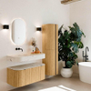 MONDIAZ THOR-DLUX 100cm meuble de salle de bains arrondi gauche + droite couleur Oak avec 1 tiroir et 2 portes. Vasque suspendue CLOUD Gauche sans trou de robinet couleur Nata. SW1467499