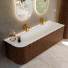 MONDIAZ KURVE-DLUX 145cm meuble de salle de bains avec module 25 L couleur Walnut avec 1 tiroir et 1 porte. Lavabo BIG LARGE à droite 2 trous de robinet couleur Opalo. SW1137743