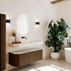 MONDIAZ THOR-DLUX 130cm meuble de salle de bains arrondi gauche + droite couleur Walnut avec 1 tiroir et 2 portes. Vasque suspendue CLOUD Milieu sans trou de robinet couleur Ostra. SW1463599