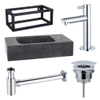 Fortifura Fuente Pack Lave-mains - 40x22x24.5cm - 1 trou de robinet - pierre naturelle - cadre noir - robinet Chrome - Noir SW1111556