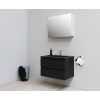 Basic Bella Meuble salle de bains avec lavabo acrylique Noir avec armoire toilette 2 portes gris 80x55x46cm 1 trou de robinet Noir mat SW491899