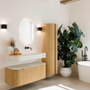 MONDIAZ THOR-DLUX 110cm badmeubel ronding links + rechts kleur Oak met 1 lade en 2 deuren. Vrijhangende wastafel CLOUD Rechts zonder kraangat kleur Ostra. SW1462738