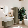 MONDIAZ THOR 100cm meuble de salle de bains arrondi gauche + droite couleur Shadow avec 1 tiroir et 2 portes. Vasque suspendue CLOUD gauche 1 trou de robinet couleur Talc. SW1467443