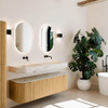 MONDIAZ THOR-DLUX 150cm meuble de salle de bains arrondi gauche + droite couleur Oak avec 1 tiroir et 2 portes. Vasque suspendue CLOUD Double sans trou de robinet couleur Nata. SW1467674