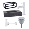 FugaFlow Eccelente Pietra ensemble de lavabo - 40x22x24,5cm - 1 trou de robinet - pierre naturelle - cadre noir - robinet de lavabo blanc mat - noir SW1469207