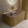 MONDIAZ KURVE-DLUX Meuble de salle de bains 75cm arrondi à gauche couleur Dusk avec 1 tiroir et 1 porte. Lavabo GRUNNE à droite 1 trou de robinet Sombra. SW1433822