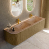 MONDIAZ KURVE-DLUX Meuble de salle de bains 155cm arrondi à gauche couleur Dusk avec 2 tiroirs et 1 porte. Lavabo LEAF Double / Droite 2 trous de robinet Arena. SW1431423