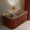 MONDIAZ KURVE-DLUX Meuble de salle de bains 85cm arrondi à gauche couleur Ruby avec 1 tiroir et 1 porte. Lavabo CLOUD à droite 1 trou de robinet Oza. SW1432762