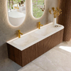 MONDIAZ KURVE-DLUX 155cm Meuble salle de bain avec module 25 D - couleur Walnut - 2 tiroirs - 1 porte - vasque LEAF double / gauche - 2 trous de robinet - couleur Opalo SW1137698