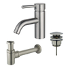 FortiFura Calvi Kit mitigeur lavabo - robinet bas - bonde clic clac - siphon design bas - PVD Inox brossé SW891966