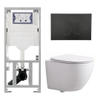 QeramiQ Dely Swirl Compact Toiletset - inbouwreservoir Geberit UP320 - met Burda frame - slim zitting - kunststof bedieningsplaat mat zwart - ronde knoppen - mat wit SW1595631