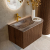 MONDIAZ KURVE-DLUX Meuble de salle de bains 75cm arrondi à droite couleur Walnut avec 1 tiroir et 1 porte. Lavabo GRUNNE à gauche 1 trou de robinet Sombra. SW1433626