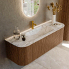 MONDIAZ KURVE-DLUX 140cm Meuble salle de bain avec module 25 G et D - couleur Walnut - 1 tiroir - 2 portes - vasque BIG SMALL centre - 1 trou de robinet - couleur Glace SW1138095