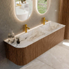 MONDIAZ KURVE-DLUX 145cm Meuble salle de bain avec module 25 G - couleur Walnut - 1 tiroir - 1 porte - vasque LEAF double / droite - 2 trous de robinet - couleur Glace SW1138065