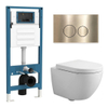 QeramiQ Dely Swirl Compact Toiletset - inbouwreservoir QeramiQ flush - 25mm zitting - metalen bedieningsplaat messing geborsteld (goud) - ronde knoppen - glans wit SW1590607