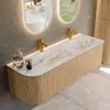 MONDIAZ KURVE-DLUX 145cm Meuble salle de bain avec module 25 G - couleur Oak - 1 tiroir - 1 porte - vasque LEAF double / droite - 2 trous de robinet - couleur Glace SW1137972