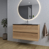 Adema Chaci Meuble salle de bain - 100x46x57cm - 1 vasque en céramique noire - 1 trou de robinet - 2 tiroirs - miroir rond avec éclairage - cannelle SW816290