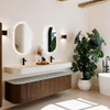 MONDIAZ THOR-DLUX 180cm meuble de salle de bains arrondi gauche + droite couleur Walnut avec 2 tiroirs et 2 portes. Vasque suspendue CLOUD Double 2 trous de robinet couleur Opalo. SW1465966