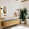 MONDIAZ THOR-DLUX 190cm meuble de salle de bains arrondi gauche + droite couleur Oak avec 2 tiroirs et 2 portes. Vasque suspendue CLOUD Gauche sans trou de robinet couleur Frappe. SW1466349