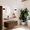 MONDIAZ THOR-DLUX 120cm meuble de salle de bains arrondi gauche + droite couleur Walnut avec 1 tiroir et 2 portes. Vasque suspendue CLOUD gauche 1 trou de robinet couleur Arena. SW1463401