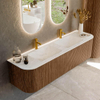 MONDIAZ KURVE-DLUX 170cm Meuble salle de bain avec module 25 G et D - couleur Walnut - 1 tiroir - 2 portes - vasque LEAF double - 2 trous de robinet - couleur Opalo SW1137667