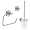 GROHE Essentials Ensemble d"accessoires pour toilettes 3 pièces avec porte-balai de toilettes, patère et porte-rouleau de papier toilette sans couvercle supersteel SW529067