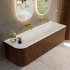 MONDIAZ KURVE-DLUX meuble de salle de bains 145 cm avec module 25 L couleur Walnut avec 1 tiroir et 1 porte. Lavabo BIG LARGE à droite sans trou de robinet couleur Opalo. SW1122697